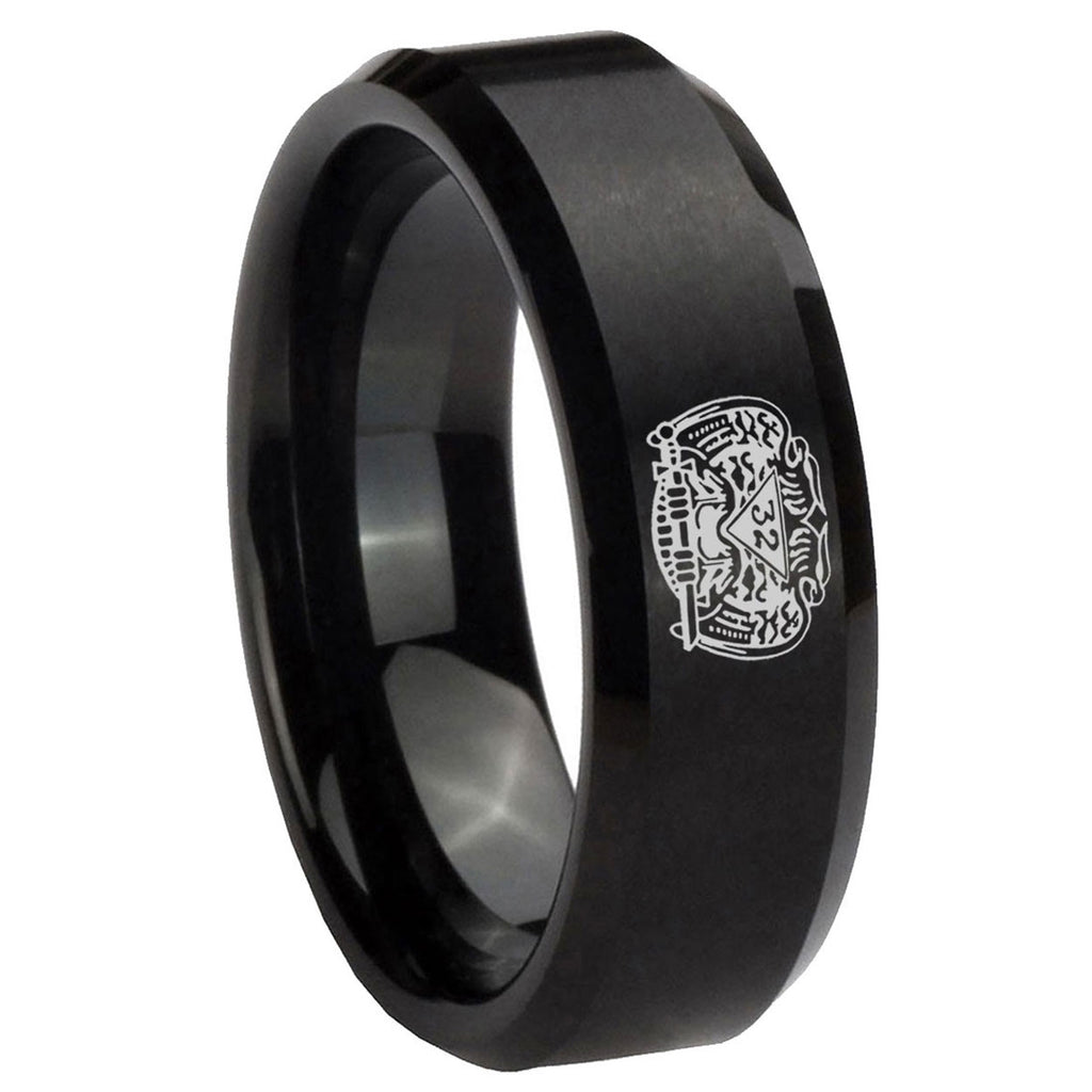 10mm Masonic 32 Degree Freemason Beveled Edges Brush Black Tungsten Carbide Wedding Band Ring