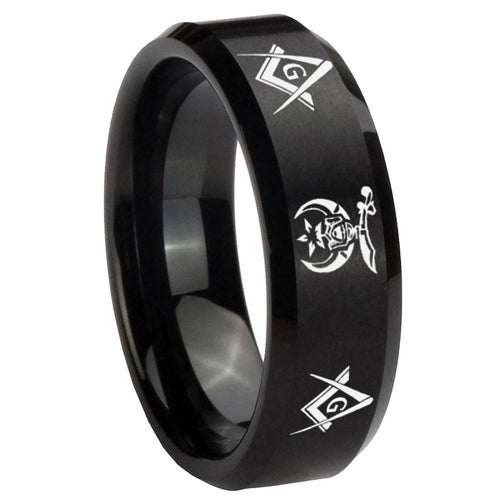 10mm Masonic Shriners Beveled Edges Brush Black Tungsten Mens Promise Ring
