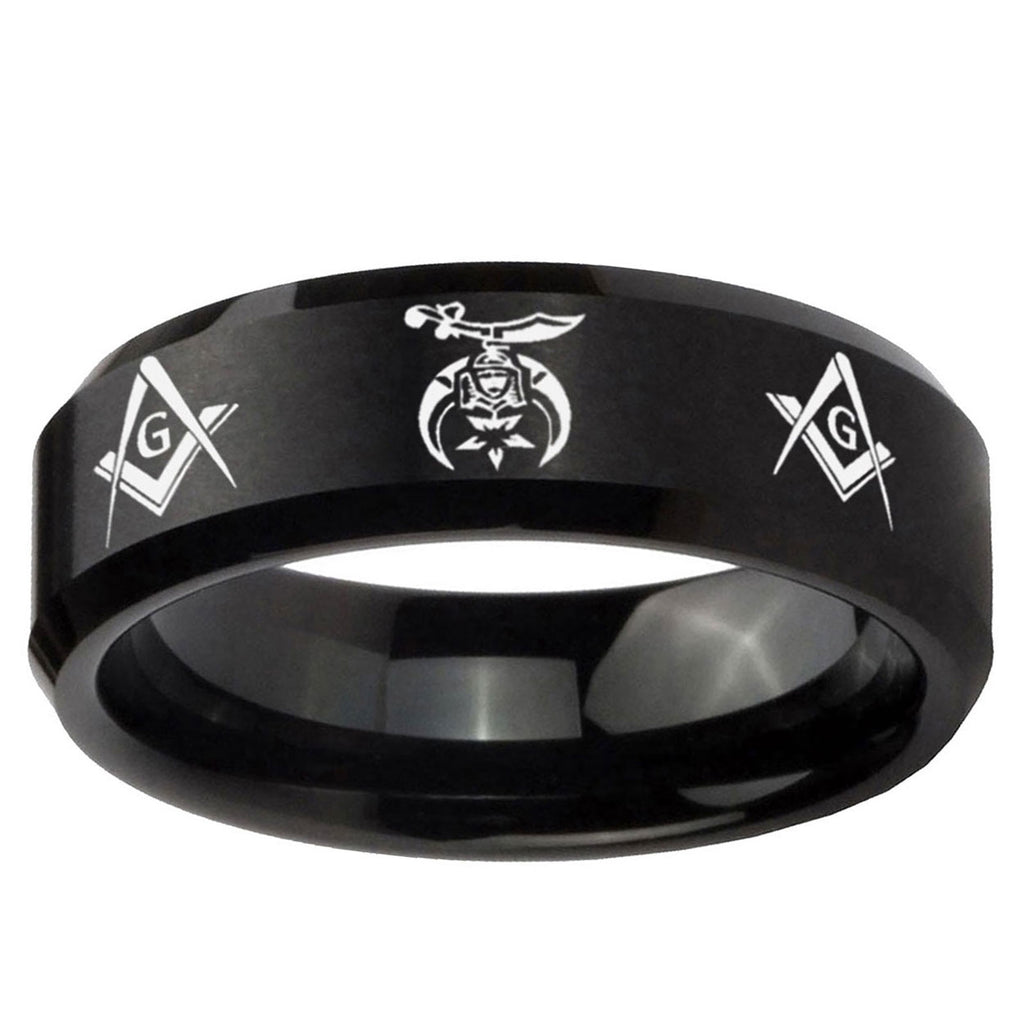 10mm Masonic Shriners Beveled Edge Brush Black Tungsten Mens Promise Ring