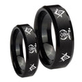 Masonic Shriners Beveled Edges Brush Black Tungsten Bridal Set Rings
