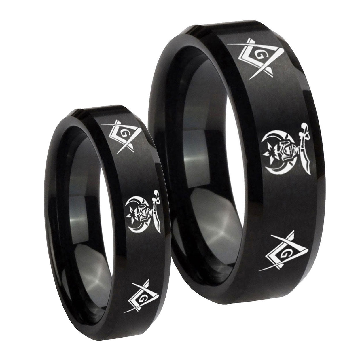 Masonic Shriners Beveled Edges Brush Black Tungsten Bridal Set Rings