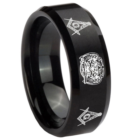 10mm-Masonic-32-Design-Beveled-Edges-Brush-Black-Tungsten-Mens-Engagement-Band