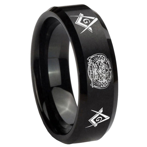 10mm Masonic 32 Design Beveled Edges Brush Black Tungsten Mens Engagement Band