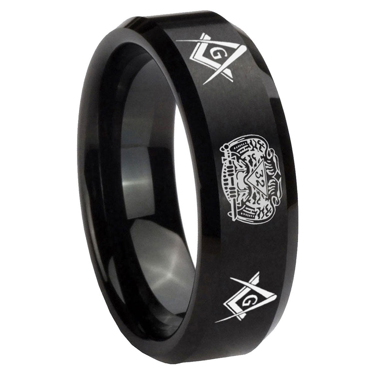 8MM Masonic 32 Design Beveled Brushed Black Tungsten Ring For Men