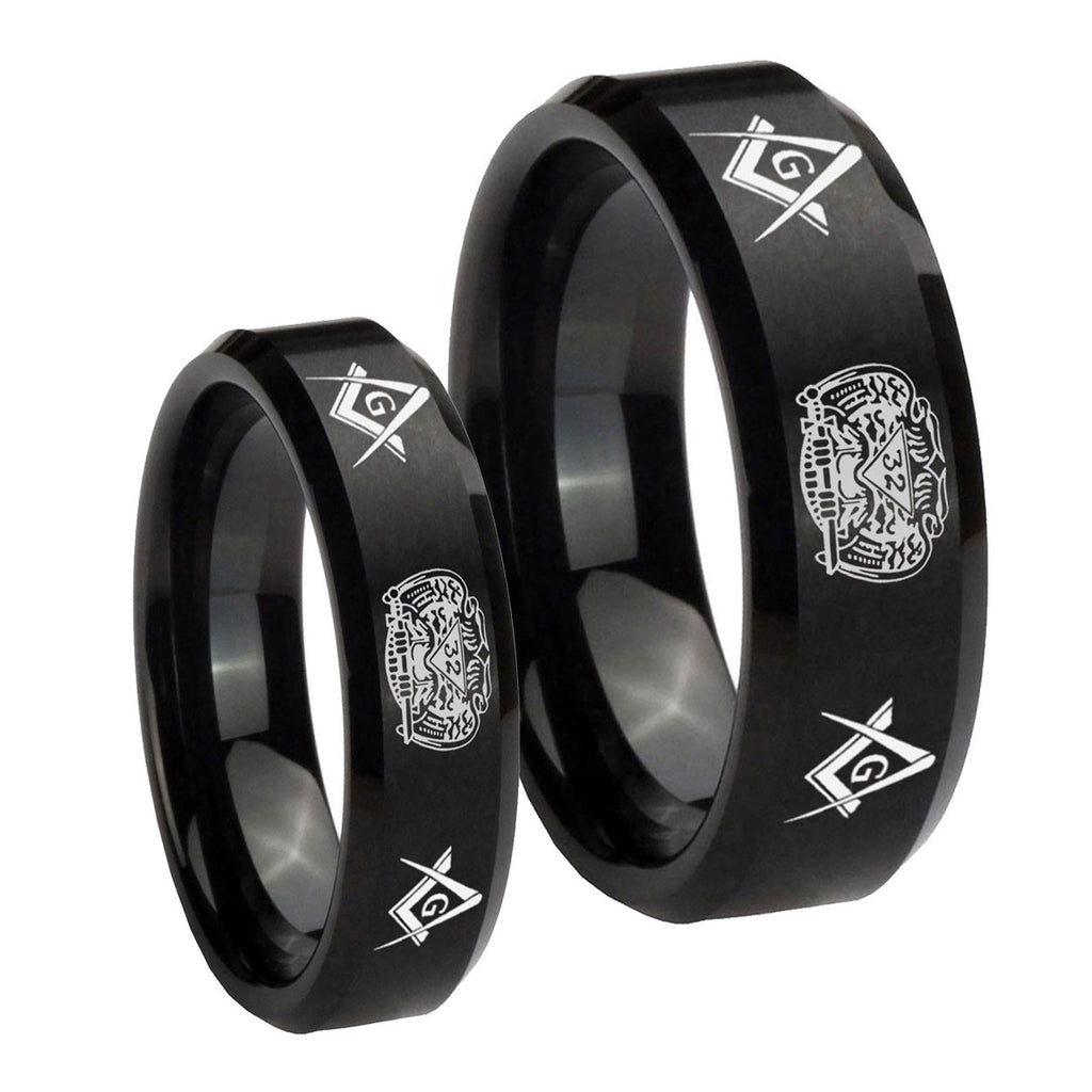 Masonic 32 Design Beveled Edges Brush Black Tungsten Mens Set Ring