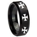 8MM Multiple Maltese Cross Beveled Brushed Black Tungsten Wedding Band