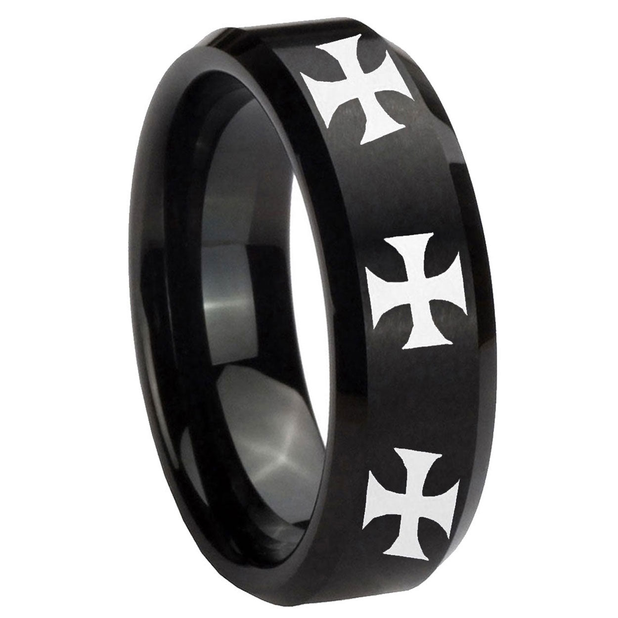 8MM Multiple Maltese Cross Beveled Brushed Black Tungsten Wedding Band