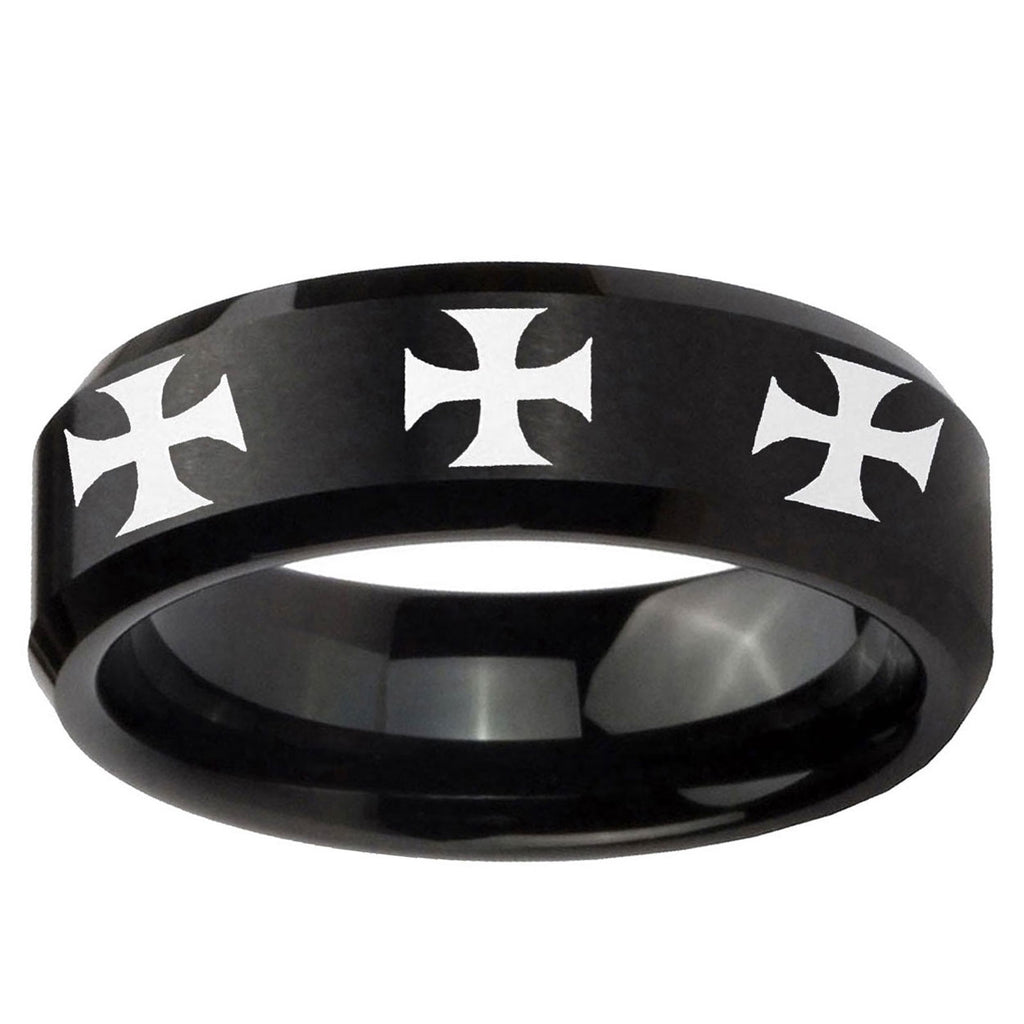 5MM Multiple Maltese Cross Beveled Brushed Black Tungsten Wedding Band