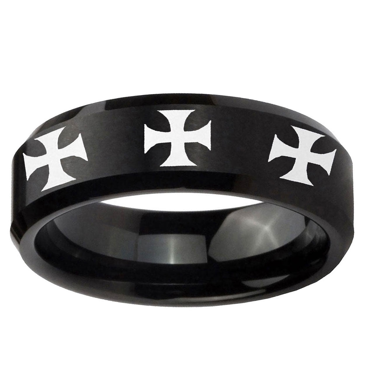 5MM Multiple Maltese Cross Beveled Brushed Black Tungsten Wedding Band