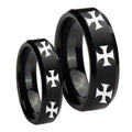 Multiple Maltese Cross Beveled Brush Black Tungsten Bridal Set Rings