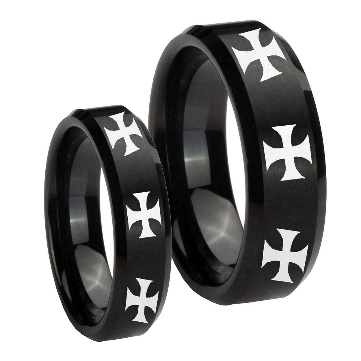 Multiple Maltese Cross Beveled Brush Black Tungsten Bridal Set Rings