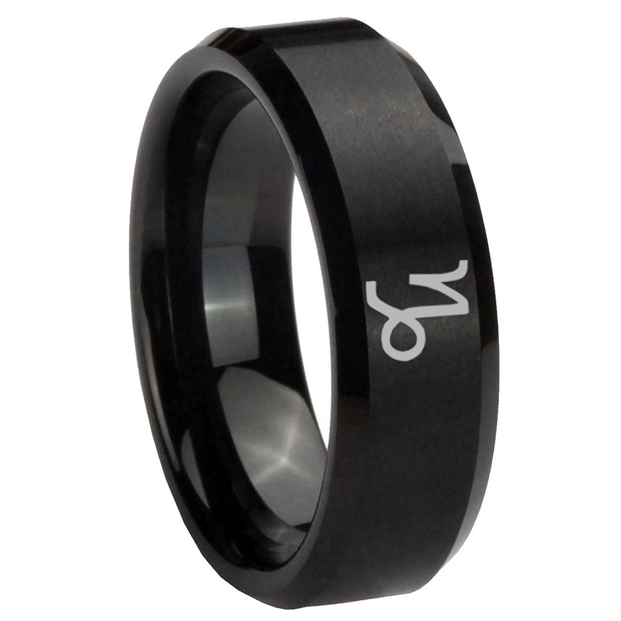10mm Capricorn Zodiac Beveled Edges Brush Black Tungsten Men's Wedding Ring