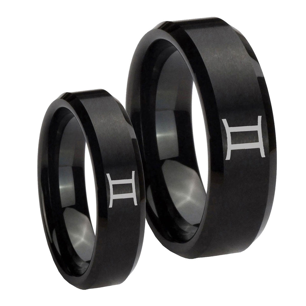 Gemini Zodiac Beveled Edges Brush Black Tungsten Bridal Set Ring