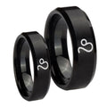 Leo Zodiac Beveled Edges Brush Black Tungsten Wedding Set Ring