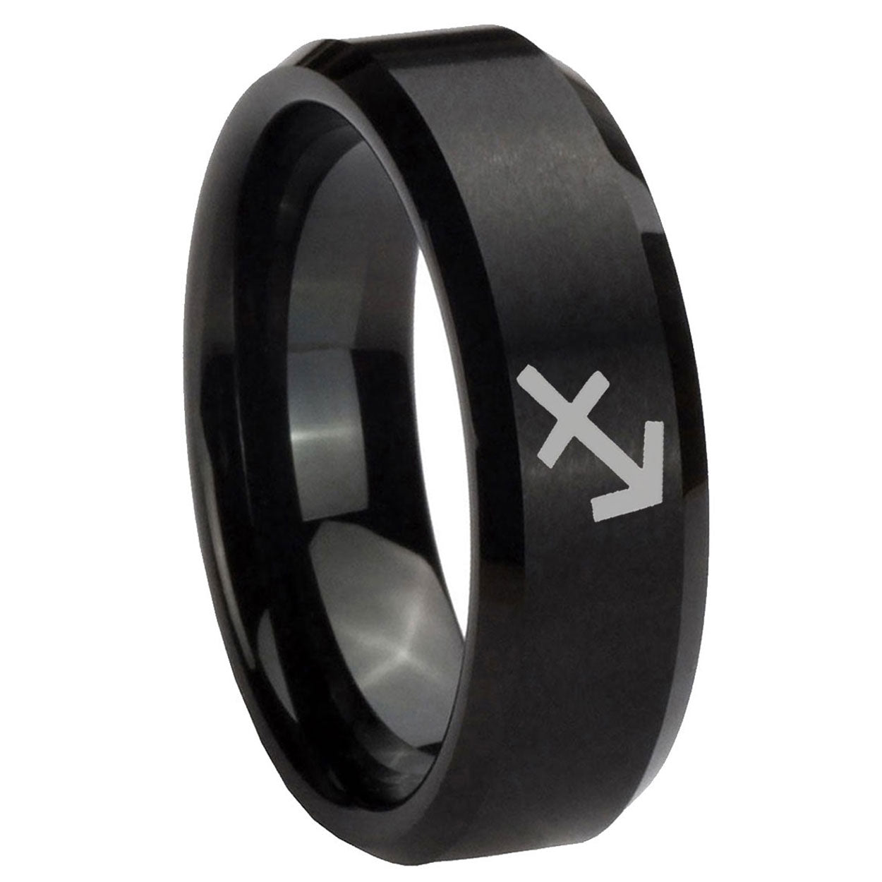 8MM Sagittarius Zodiac Beveled Brushed Black Tungsten Ring For Him