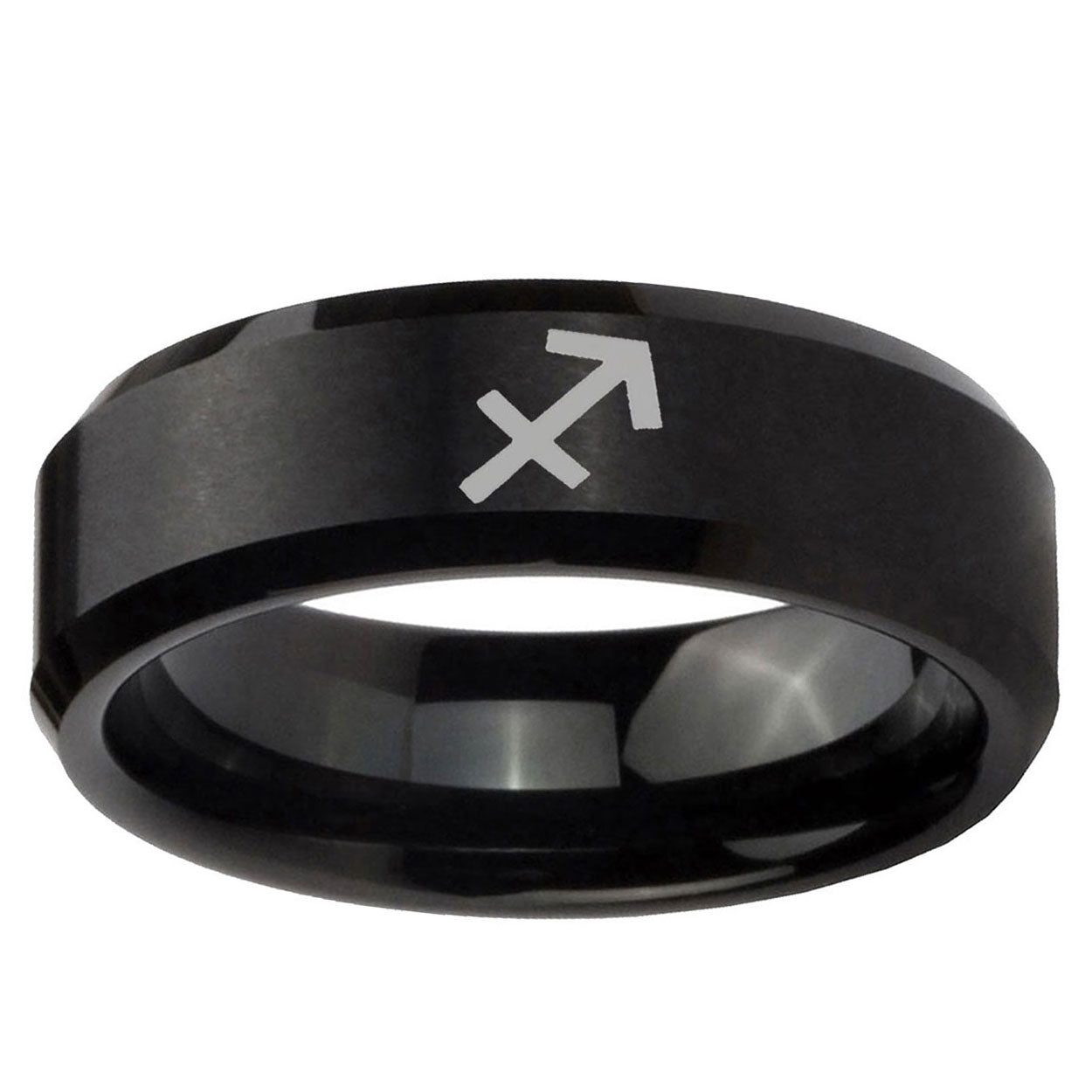 5MM Sagittarius Zodiac Beveled Brushed Black Tungsten Ring For Him