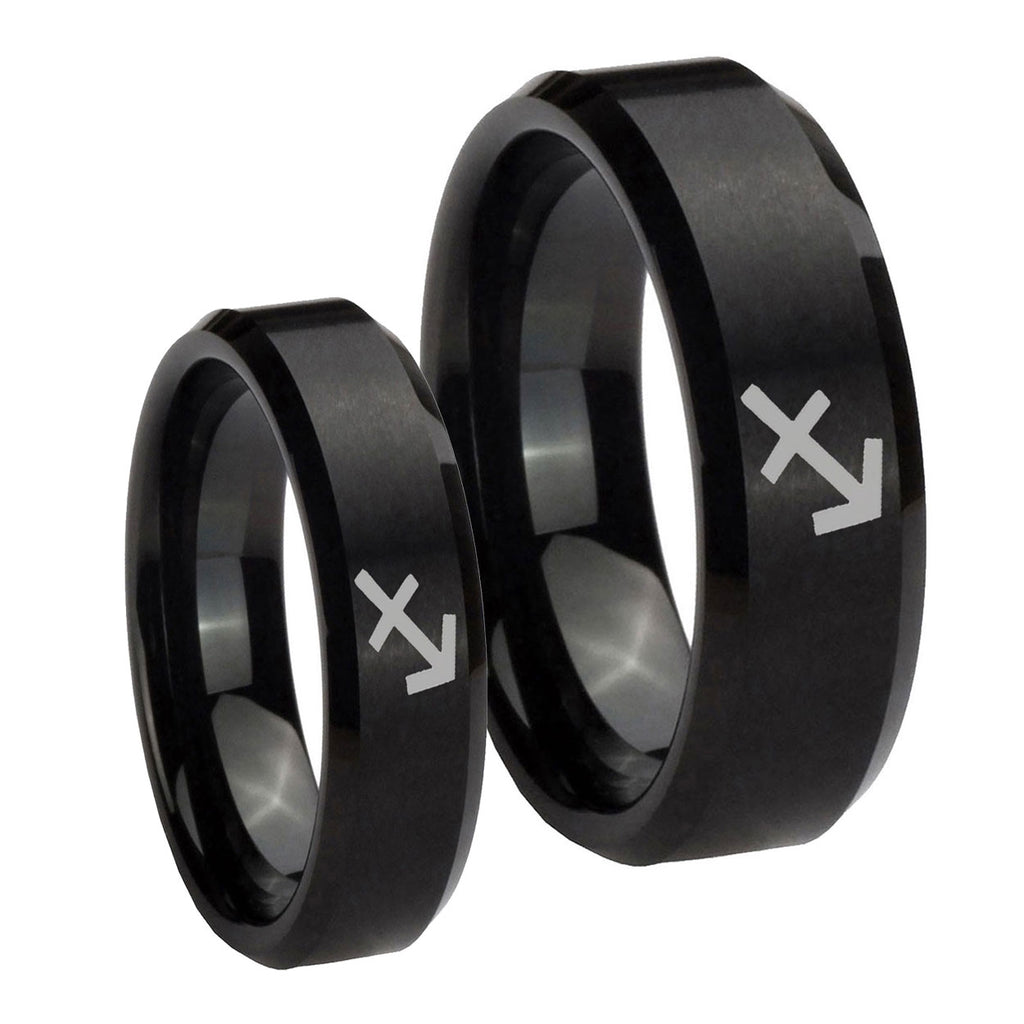 Sagittarius Zodiac Beveled Brush Black Tungsten Wedding Ring Sets