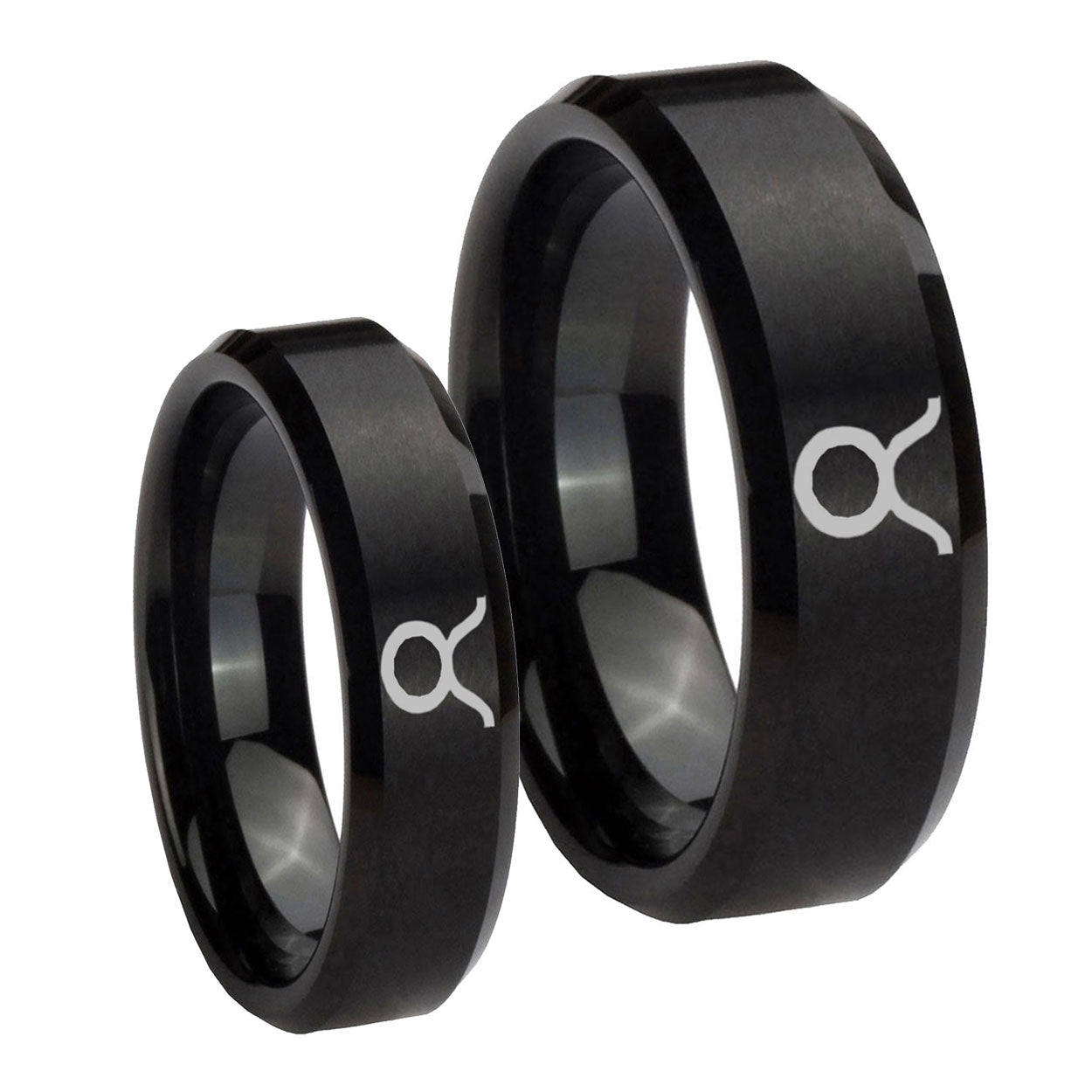 Taurus Horoscope Beveled Edges Brush Black Tungsten Promise Ring Set