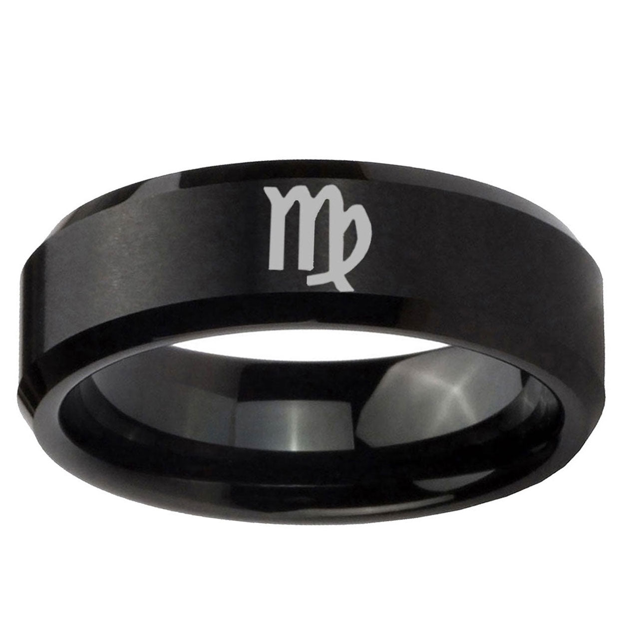 10mm Virgo Zodiac Beveled Edge Brush Black Tungsten Wedding Engraving Ring