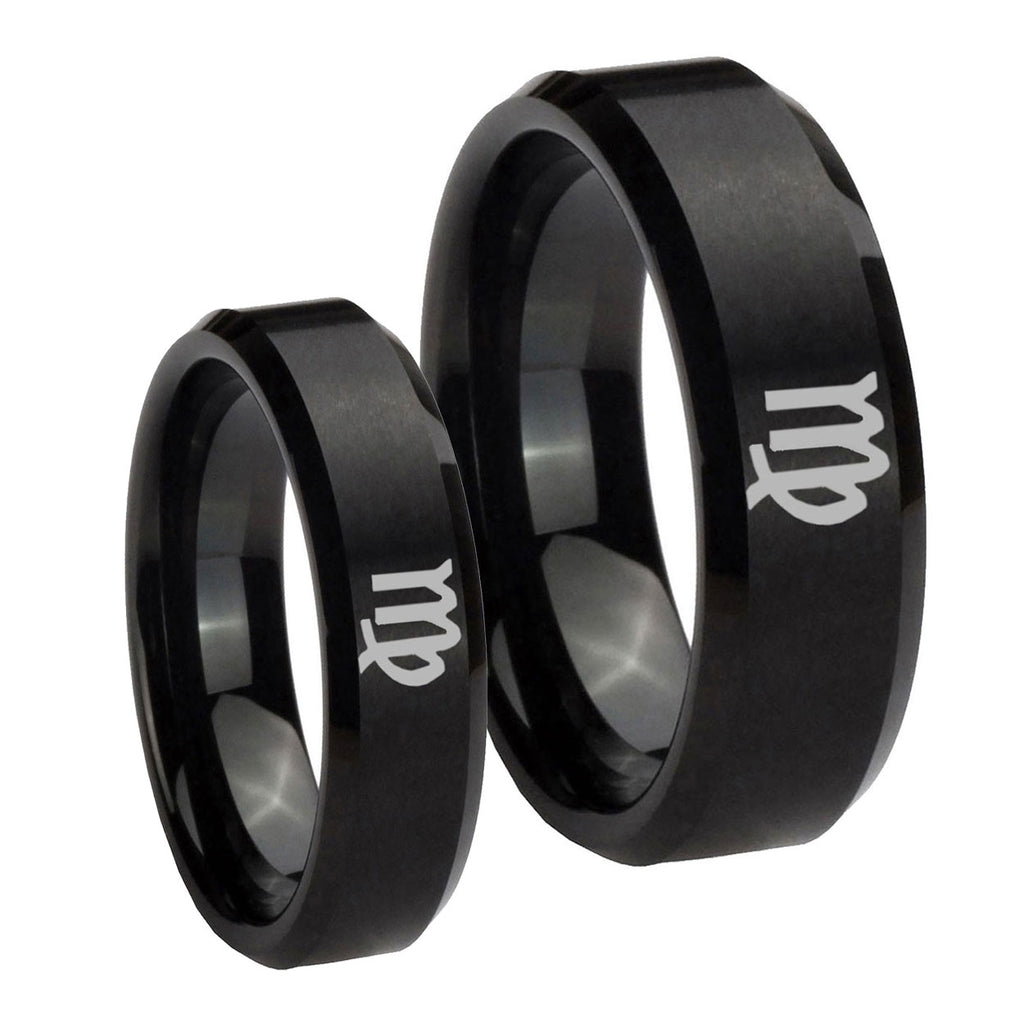 Virgo Zodiac Beveled Edges Brush Black Tungsten Mens Ring Set