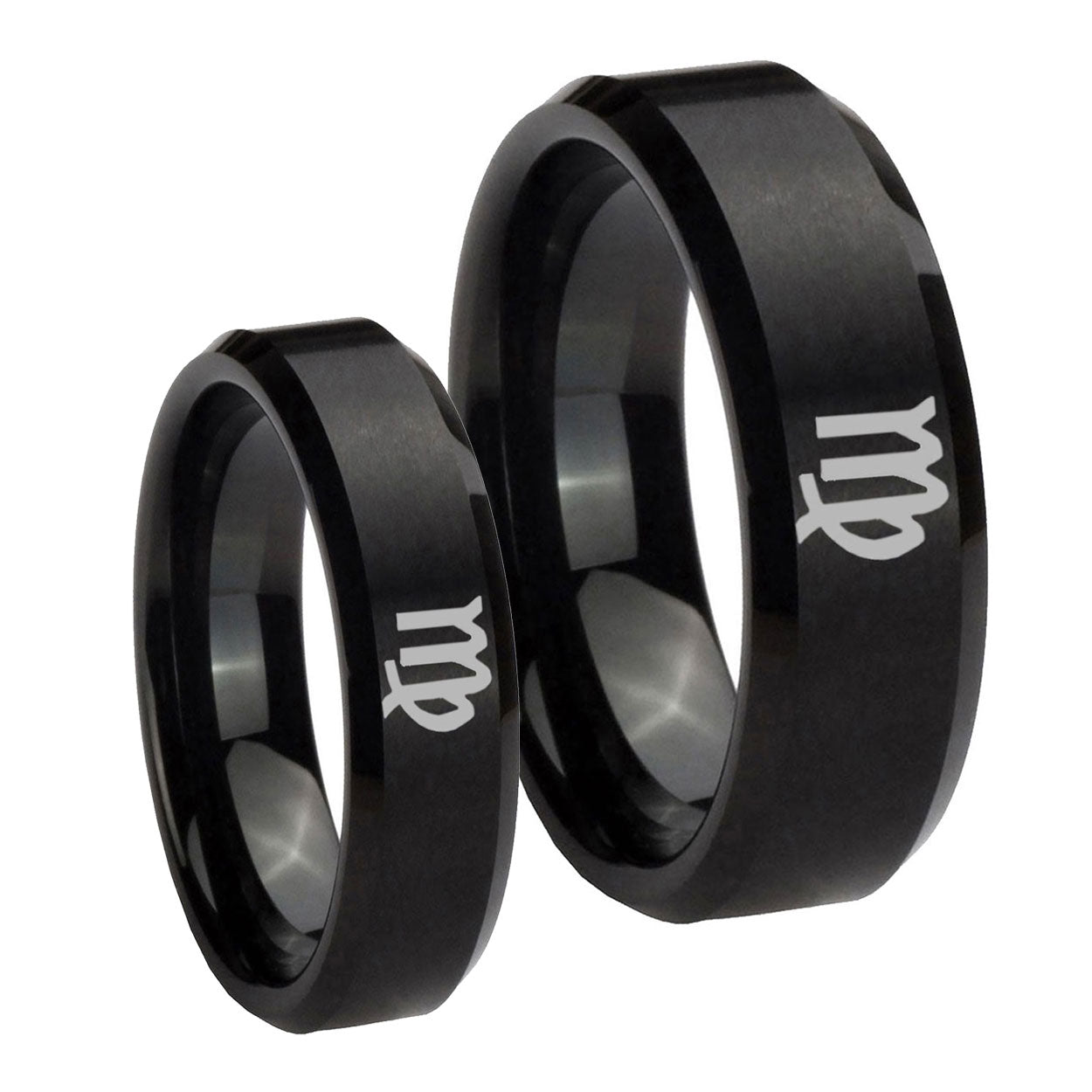 Virgo Zodiac Beveled Edges Brush Black Tungsten Mens Ring Set
