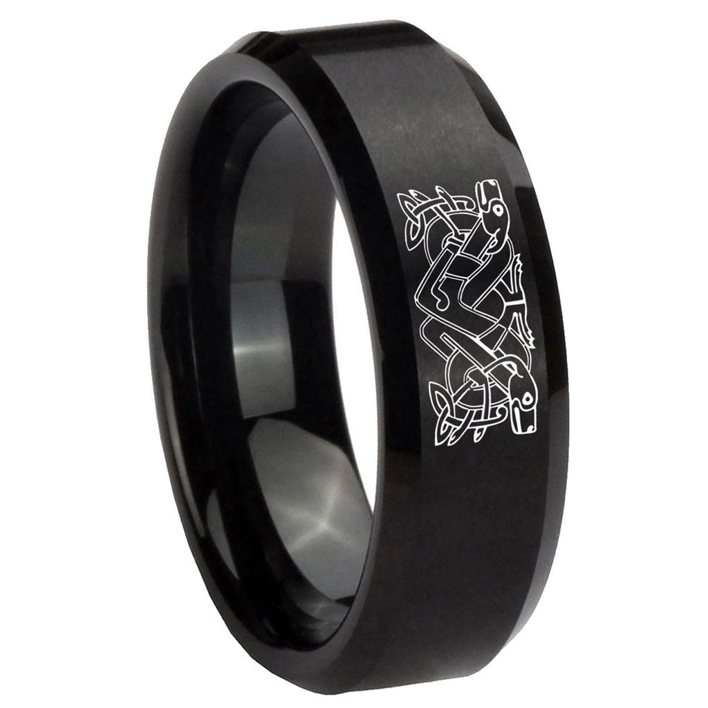 10mm Celtic Dog Beveled Edges Brush Black Tungsten Men's Engagement Ring