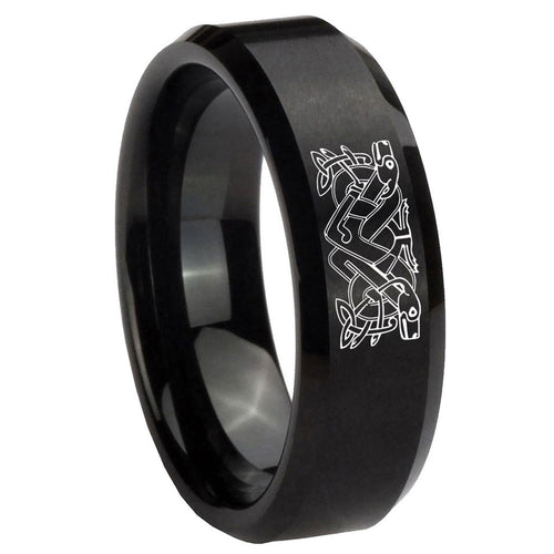 10mm Celtic Dog Beveled Edges Brush Black Tungsten Men's Engagement Ring