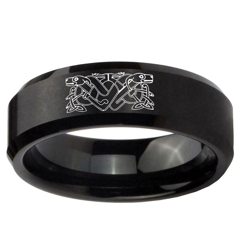 10mm Celtic Dog Beveled Edge Brush Black Tungsten Ring