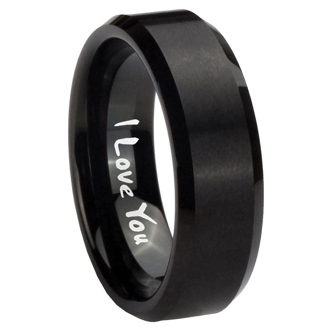 10mm I Love You Beveled Edges Brush Black Tungsten Carbide Promise Ring
