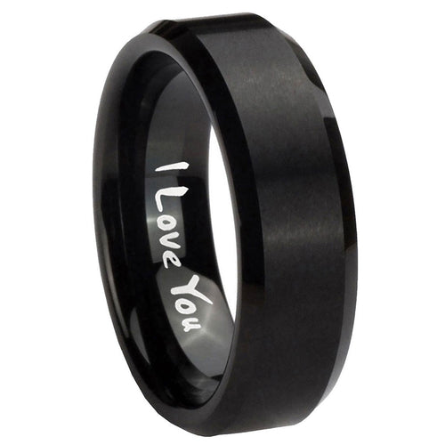 10mm I Love You Beveled Edges Brush Black Tungsten Carbide Promise Ring