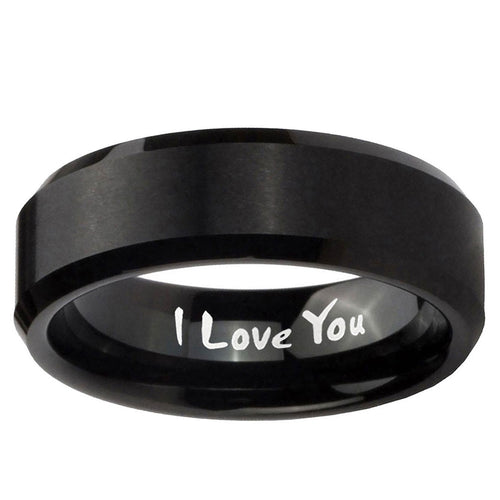 10mm I Love You Beveled Edge Brush Black Tungsten Carbide Promise Ring