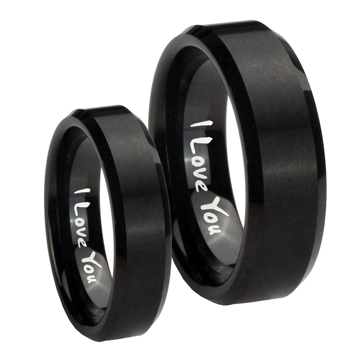 I Love You Beveled Edges Brush Black Tungsten Mens Set Rings