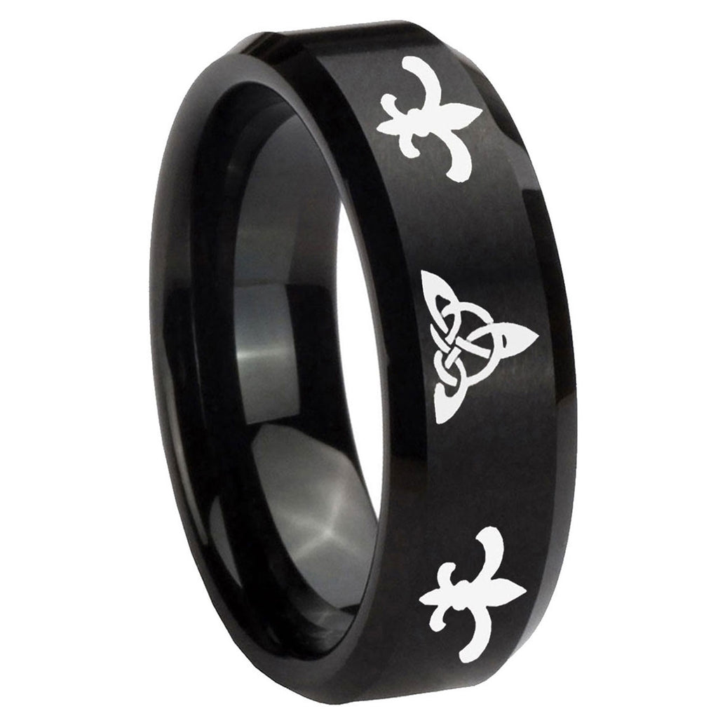8MM Celtic Triangle Fleur Delis Beveled Brushed Black Tungsten Band