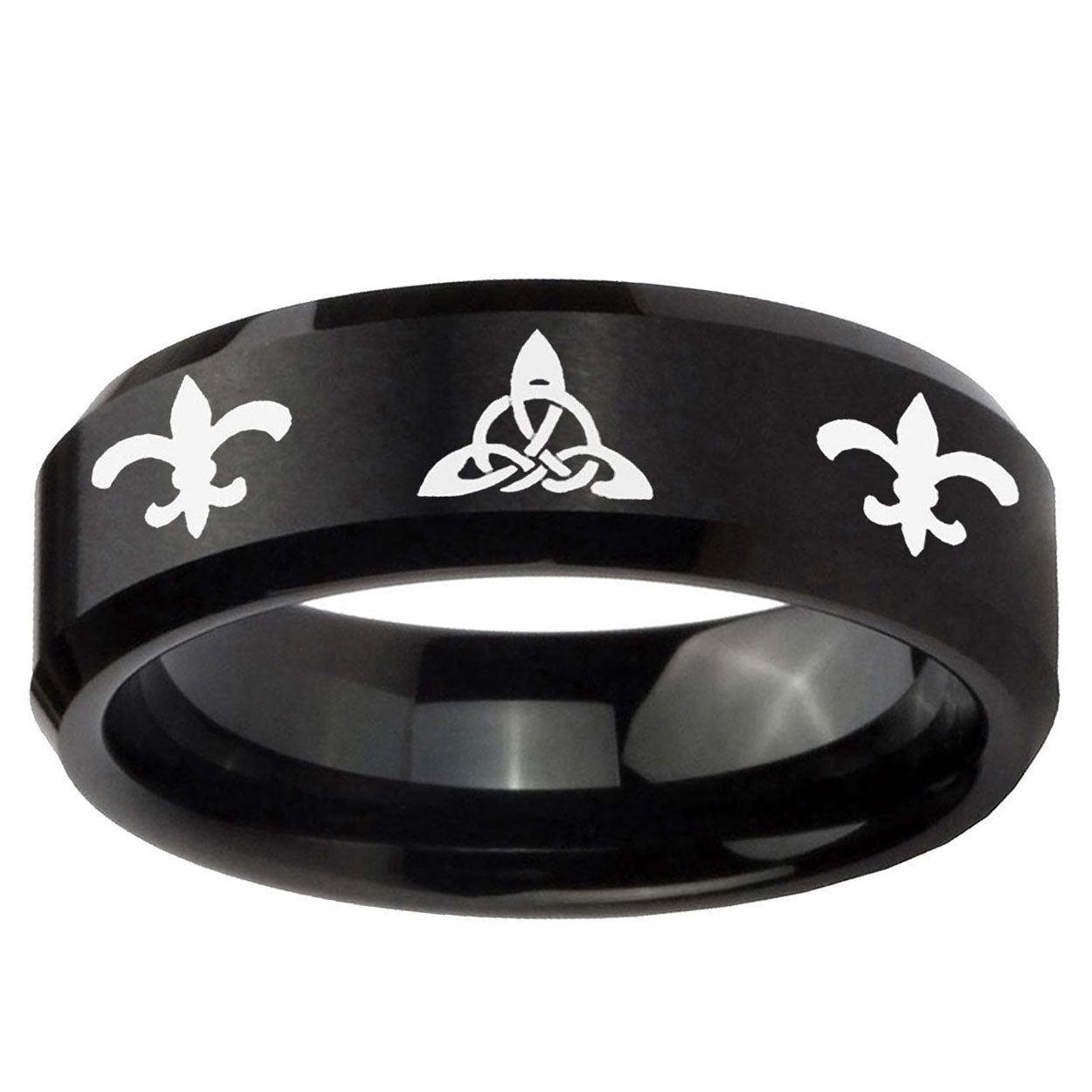 5MM Celtic Triangle Fleur Delis Beveled Brushed Black Tungsten Band