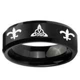 10mm Celtic Triangle Fleur-De-Lis Beveled Brush Black Tungsten Rings for Men