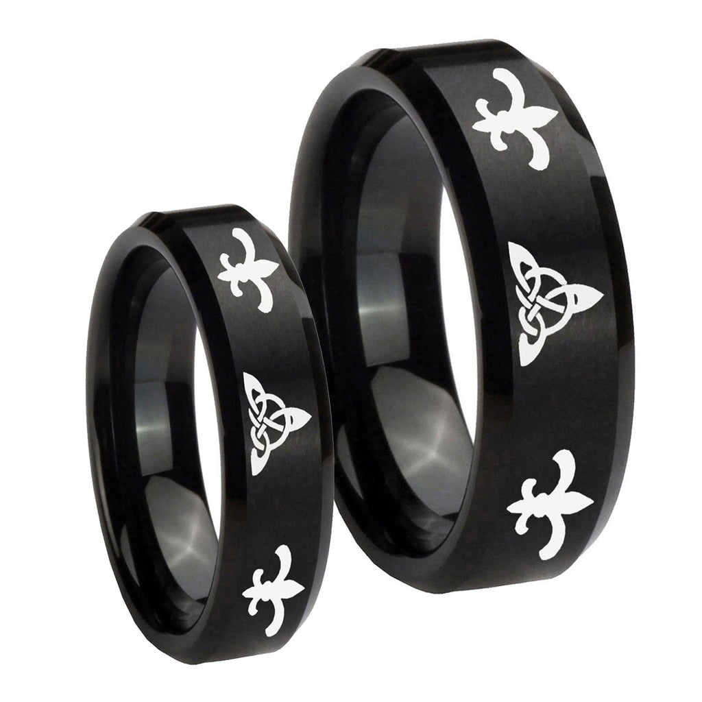 Celtic Triangle Fleur De Lis Beveled Brush Black Tungsten Couple Band Set