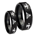 Celtic Triangle Fleur De Lis Beveled Brush Black Tungsten Couple Band Set