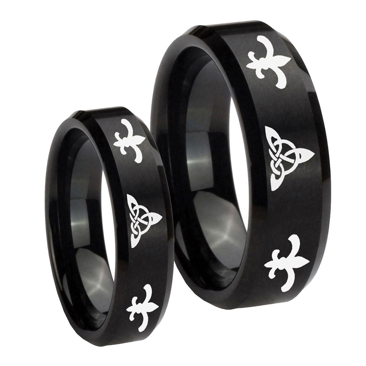 Celtic Triangle Fleur De Lis Beveled Brush Black Tungsten Couple Band Set