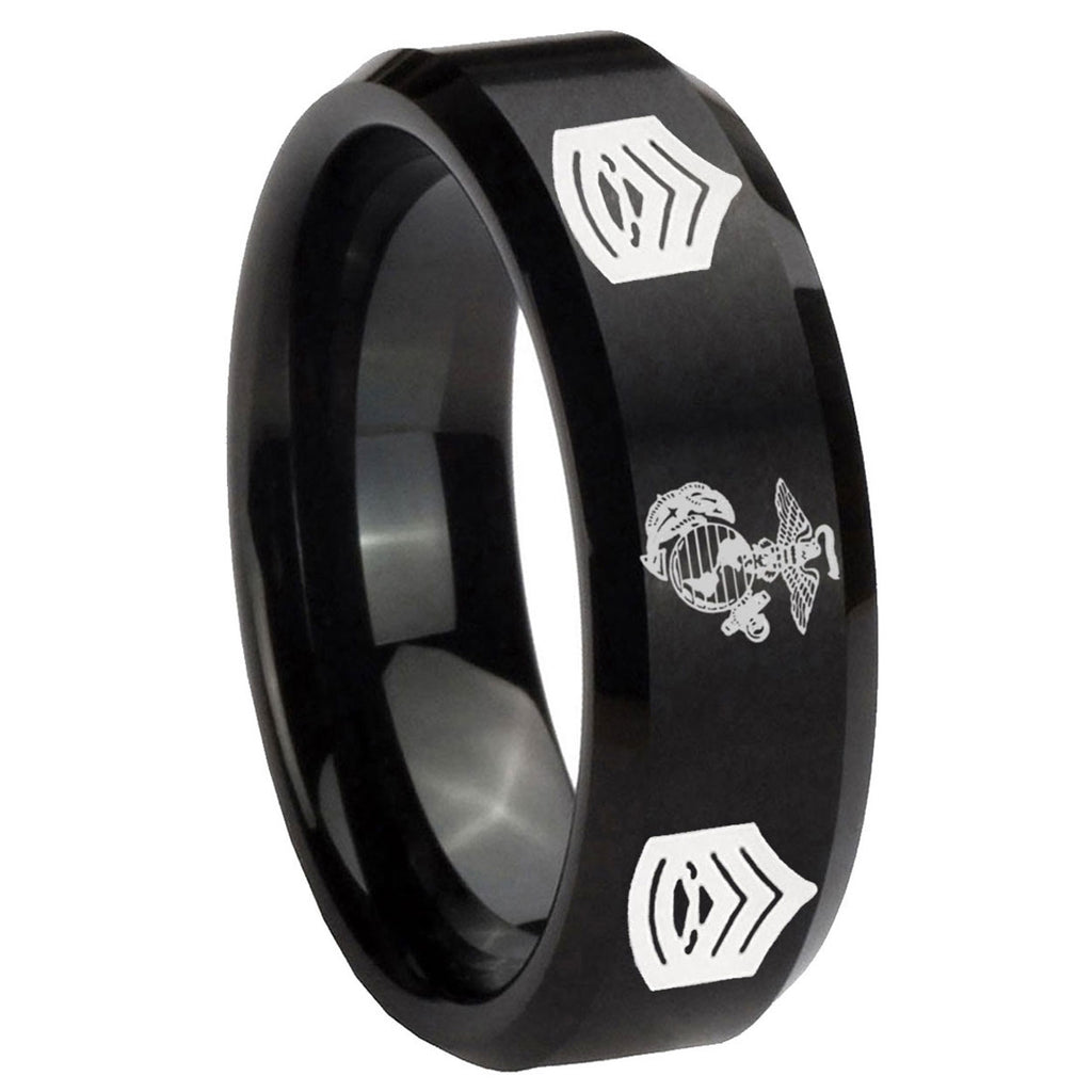 10mm Marine Army Sergeant Beveled Edges Brush Black Tungsten Carbide Mens Promise Ring