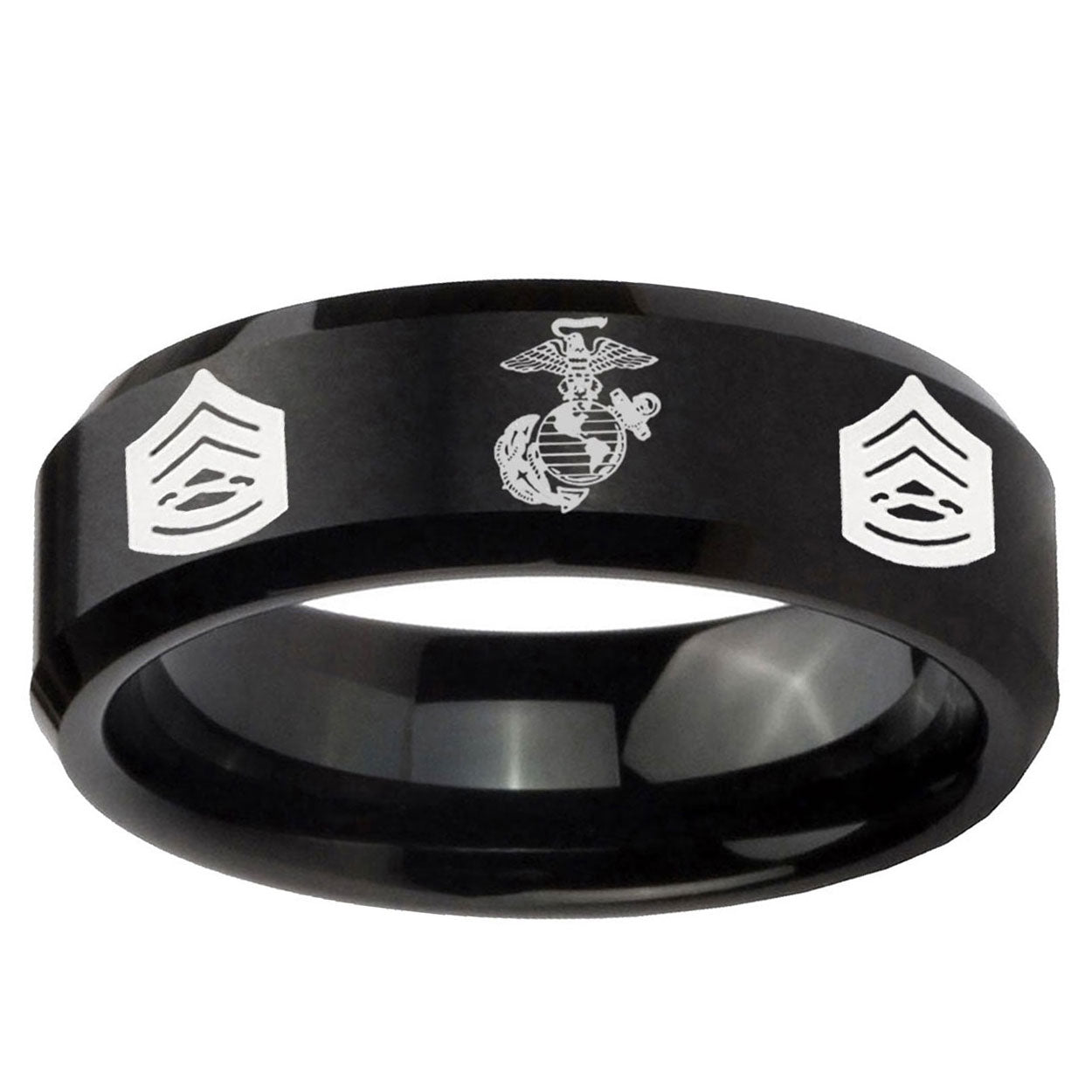 10mm Marine Army Sergeant Beveled Edge Brush Black Tungsten Ring