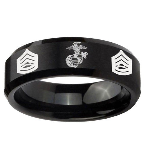 10mm Marine Army Sergeant Beveled Edge Brush Black Tungsten Ring
