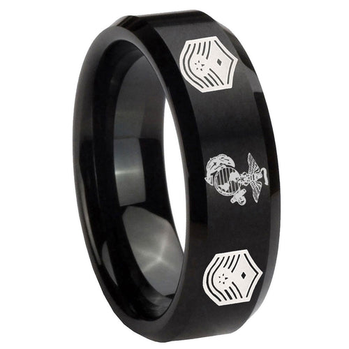 10mm Marine Chief Master Sergeant Beveled Brush Black Tungsten Men's Promise Rings