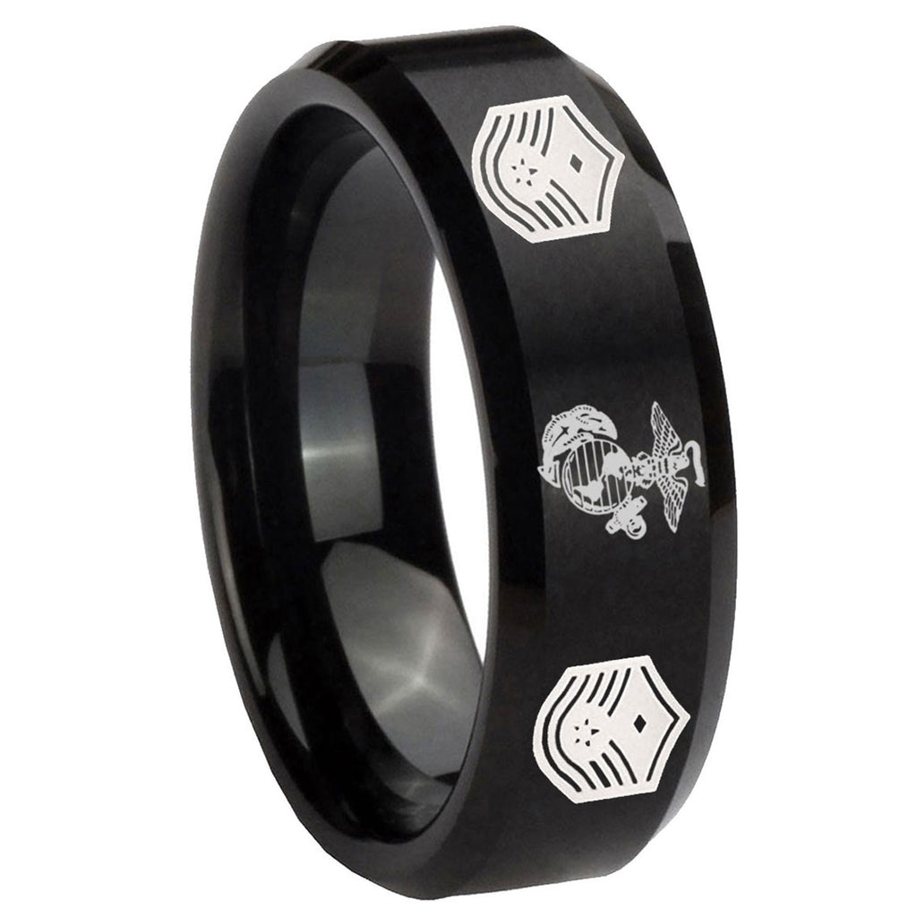 8MM Marine Chief Master Sergeant Beveled Brushed Black Tungsten Ring