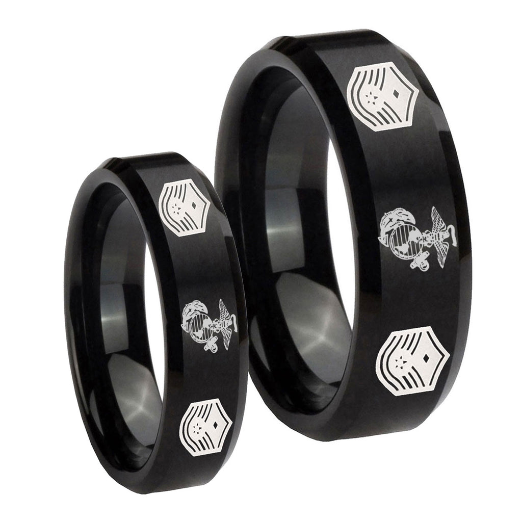 Marine Chief Master Sergeant Beveled Brush Black Tungsten Couple Rings
