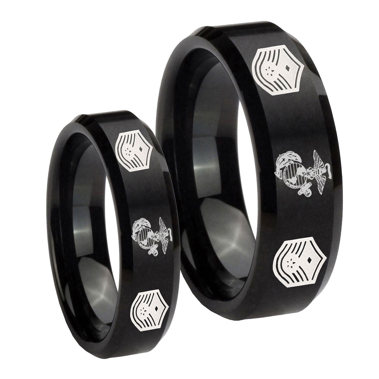 Marine Chief Master Sergeant Beveled Brush Black Tungsten Couple Rings