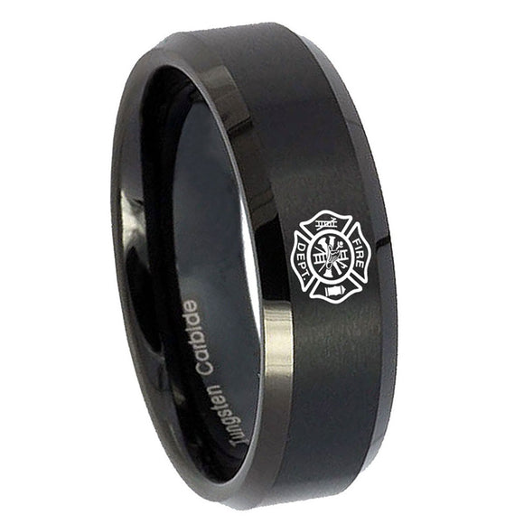 10mm-Fire-Department-Beveled-Edges-Brush-Black-Tungsten-Wedding-Band-Ring