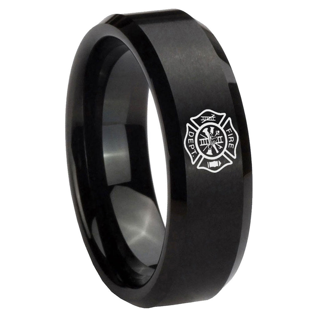 10mm Fire Department Beveled Edges Brush Black Tungsten Wedding Band Ring