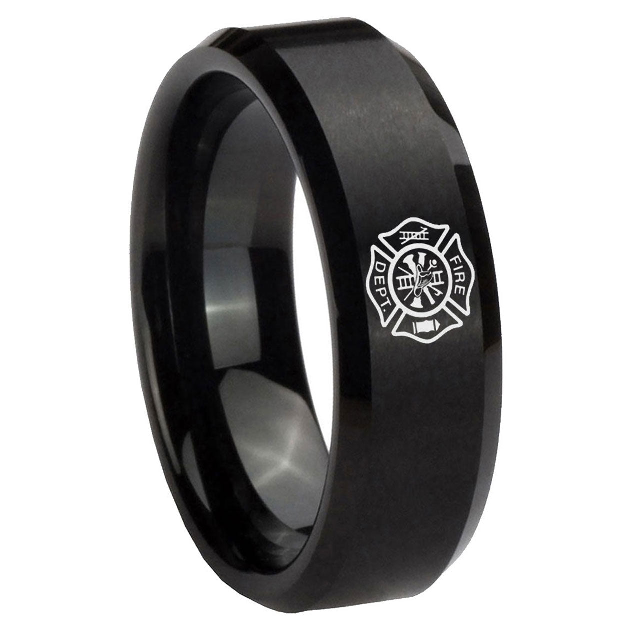 10mm Fire Department Beveled Edges Brush Black Tungsten Wedding Band Ring