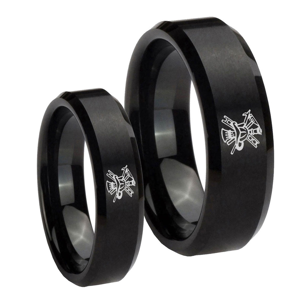 Fireman Beveled Edges Brush Black Tungsten Bridal Set Rings