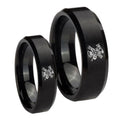 Fireman Beveled Edges Brush Black Tungsten Bridal Set Rings